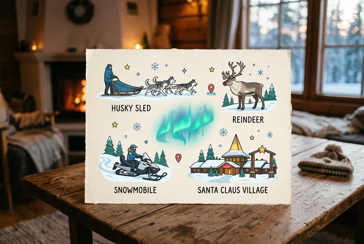 Set di icone illustrate in stile piatto per una giornata a Rovaniemi con slitta di husky, una renna e il villaggio di Babbo Natale, disposte attorno a un bagliore di aurora boreale stilizzato, solo etichette generiche dei luoghi