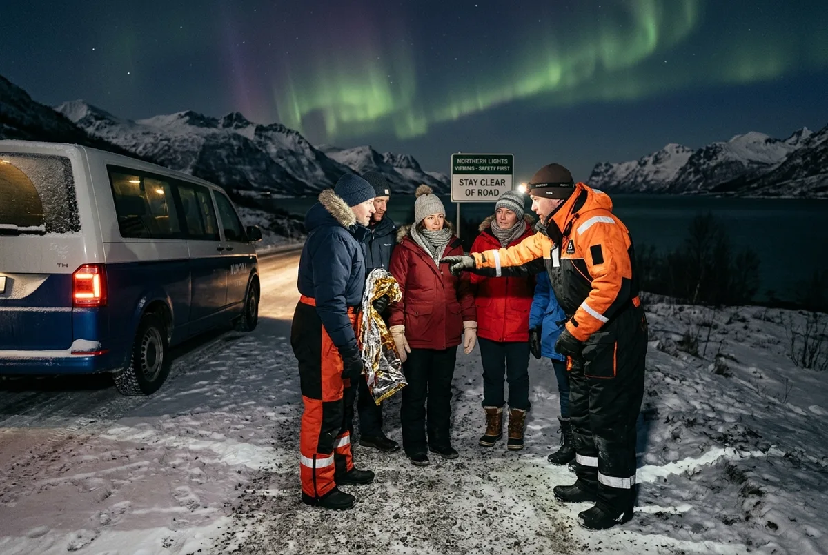 Beheizter Reisebus mit eingeschalteten Scheinwerfern faehrt vorsichtig eine schneebedeckte kurvige Strasse in Nordnorwegen bei Nacht entlang, Stimmung fuer Sicherheitstipps Nordlichter Tour Norwegen