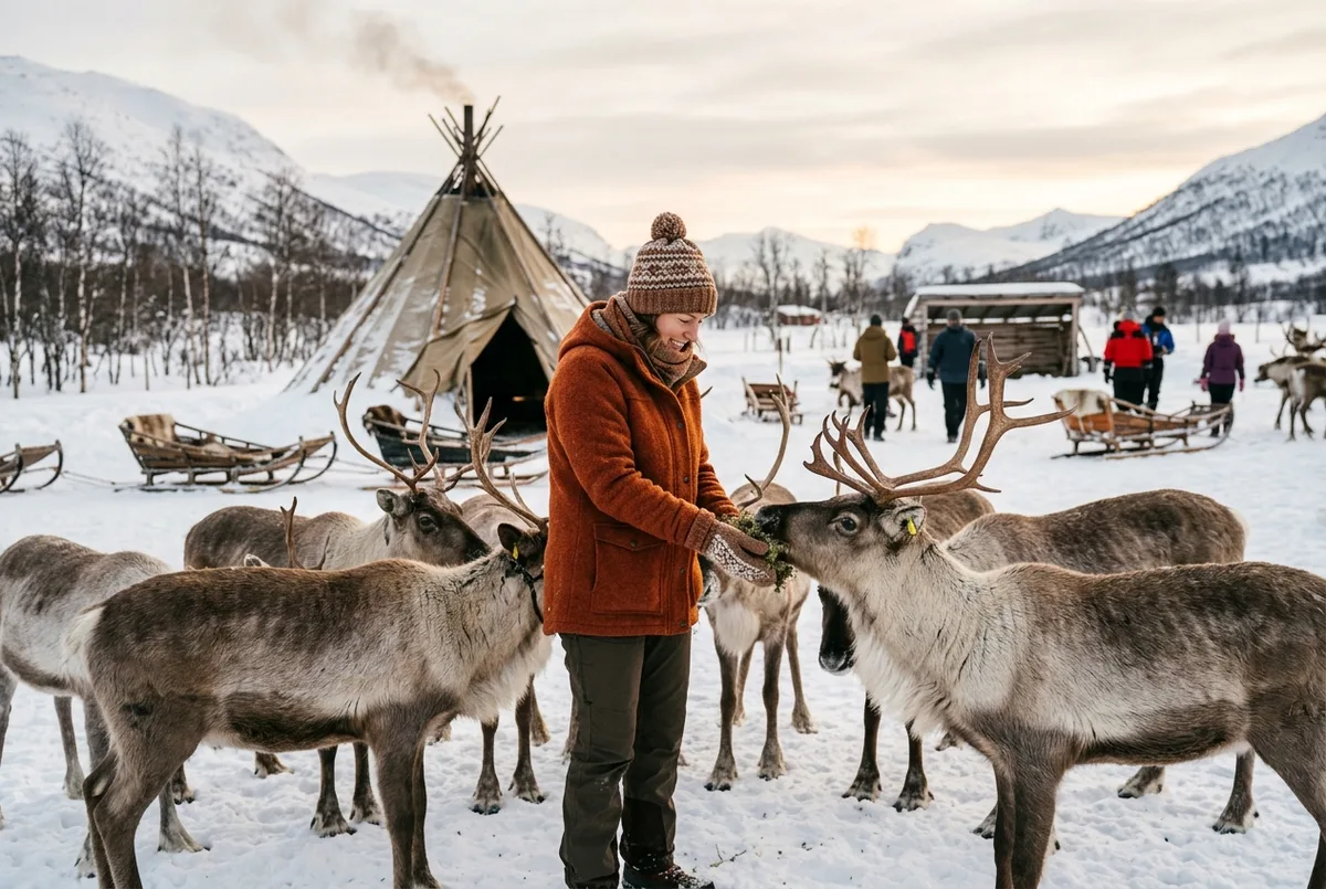 Visitatore con abbigliamento invernale caldo dà da mangiare a mano a una mandria di renne durante un'escursione a tromso, paesaggio innevato e lavvu tradizionale sullo sfondo