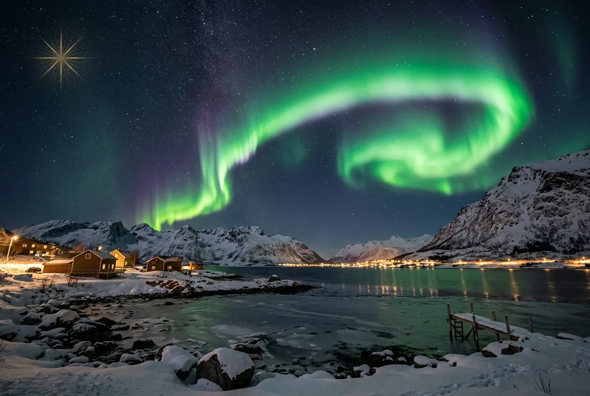 Person haelt ein Smartphone mit einer Aurora Vorhersage App in die Hoehe vor einem dunklen Sternenhimmel in Nordnorwegen, im Hintergrund ein schwacher gruener Schimmer, Stimmung fuer Nordlichter Norwegen Vorhersage