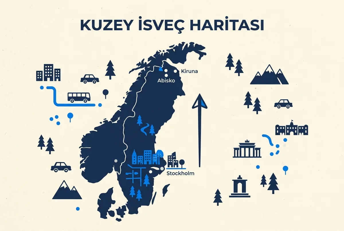 Kuzey İsveç'i gösteren düz stil harita infografiği, Kiruna ve Abisko noktalarını Stockholm'e göre enlem farkını basit ok ve genel şehir etiketleriyle gösteren, sayı içermeyen görsel