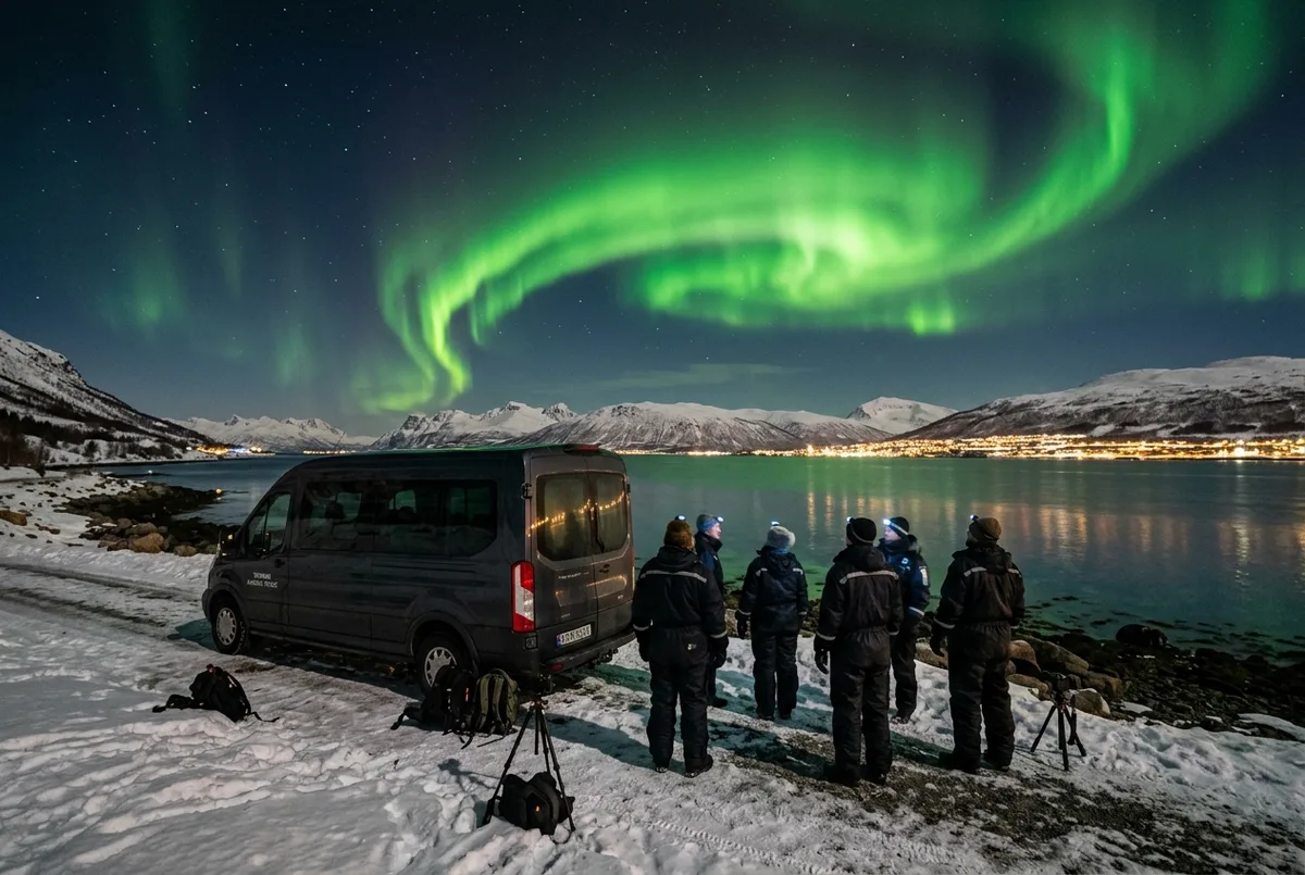 Minibus del tour tromso aurora boreale parcheggiato di notte accanto a un fiordo con ospiti in tuta termica che osservano l'aurora verde brillante