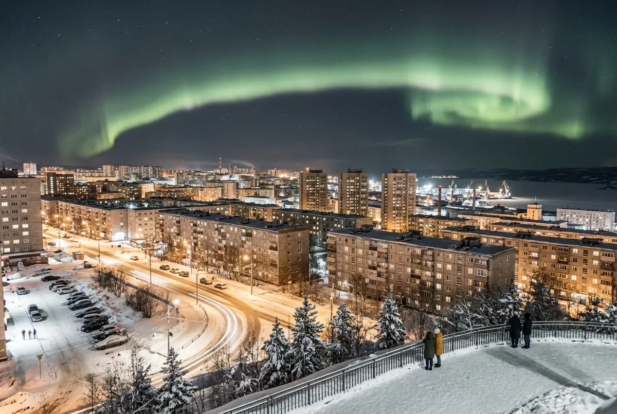 Karlı Murmansk şehir manzarası üzerinde soluk yeşil bir aurora kemeri, uzakta Sovyet dönemi apartman blokları ile kuzey ışıkları turu vizesiz sorusunu görselleştiren kış gecesi sahnesi