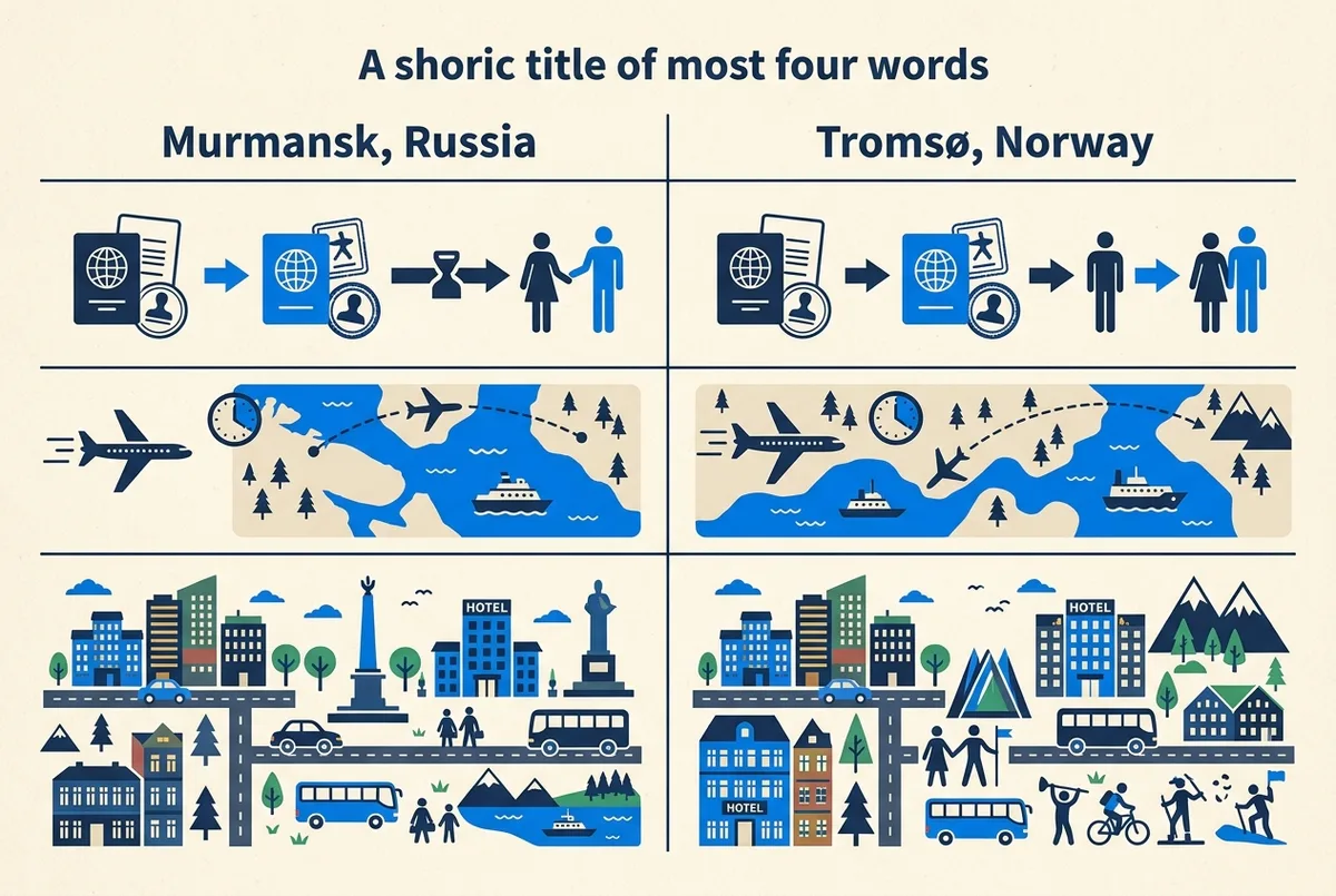Basit karşılaştırma infografiği, Rusya (Murmansk) ve Norveç (Tromsø) simgeleriyle vize gereksinimi, uçuş süresi ve tur pazarı olgunluğunu gösteren iki sütunlu tablo görünümü