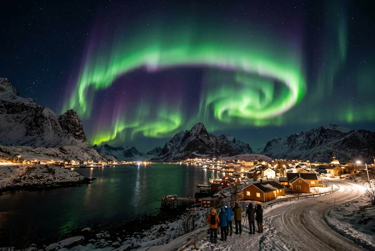 Karanlık bir Norveç gökyüzünde dalgalanan yeşil ve mor bir aurora borealis şeridi, norveç kuzey ışıkları nasıl oluşur sorusunu görselleştiren geniş açılı gece manzarası