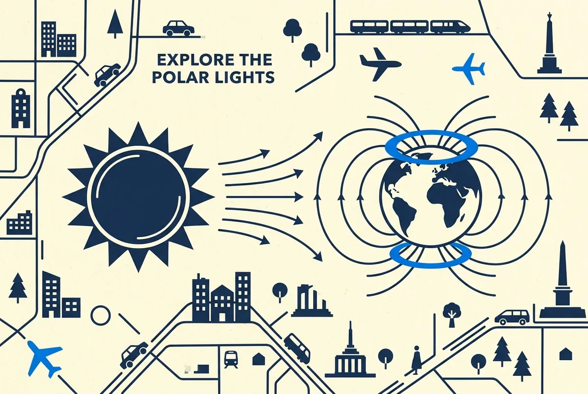 Düz stil bilimsel infografik, güneşten Dünya'ya uzanan güneş rüzgarı okları ve kutuplar çevresinde halka şeklinde auroral oval gösteren basit diyagram, genel etiketlerle güneş, Dünya ve manyetik alan çizgileri işaretli