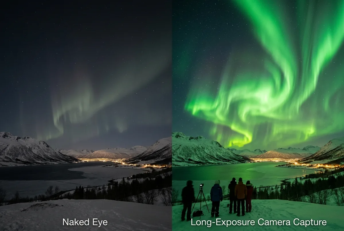 Side-by-side comparison scene of a pale grey-green aurora glow as seen by the naked eye next to a vivid green long-exposure camera capture of the same sky, most beautiful real aurora borealis contrast