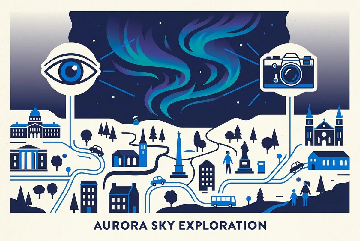 Simple explainer infographic showing a human eye icon and a camera icon each pointed at the same aurora sky, with an exposure-time label difference, most beautiful real aurora borealis concept, generic labels only