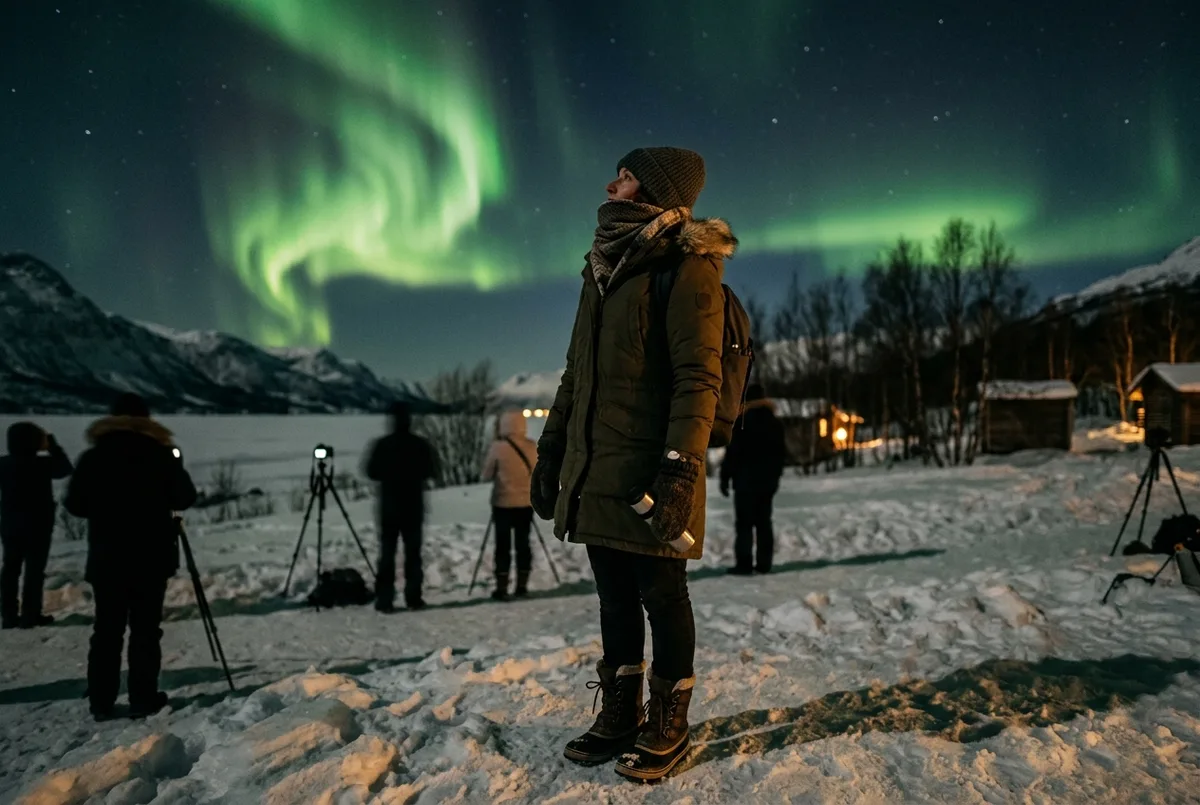 Traveler bundled in a thick layered winter outfit, insulated boots, hat and gloves, standing at a dark Arctic aurora viewing site, what to wear northern lights tour packing scene