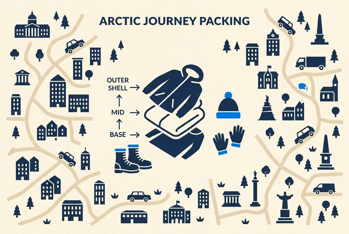 Simple layered-clothing diagram showing a base layer, mid layer and outer shell stacked with labeled arrows, plus boots, hat and gloves icons, northern lights tour packing list concept, generic labels only