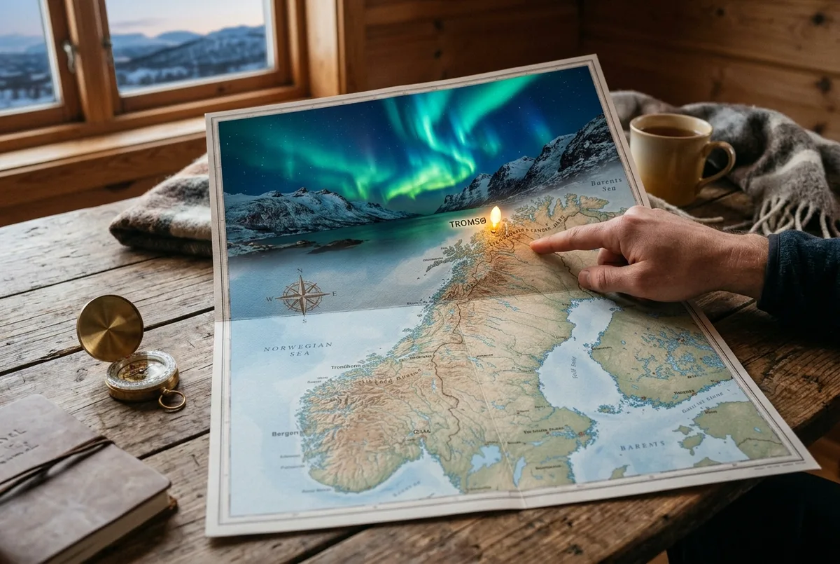 Mapa Norwegii z podświetlonym Tromsø wysoko na północy i zieloną zorzą polarną nad górami, ilustrująca pytanie gdzie w Norwegii zobaczyć zorzę polarną
