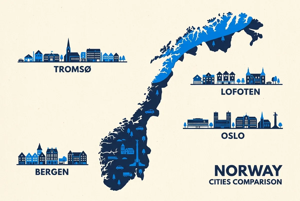 Infografika porównawcza pokazująca sylwetki Tromsø, Lofotów, Oslo i Bergen na mapie Norwegii z ogólnym oznaczeniem strefy dobrych szans na zorzę polarną na północy, wyłącznie nazwy miejsc jako etykiety