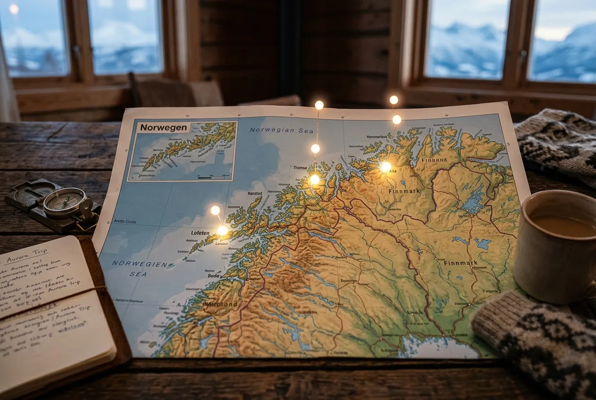 Kaart van Noorwegen met lichtgevende stippen boven Tromso, Alta en Noord-Noorwegen die laten zien waar het noorderlicht het betrouwbaarst zichtbaar is tegenover Oslo in het zuiden