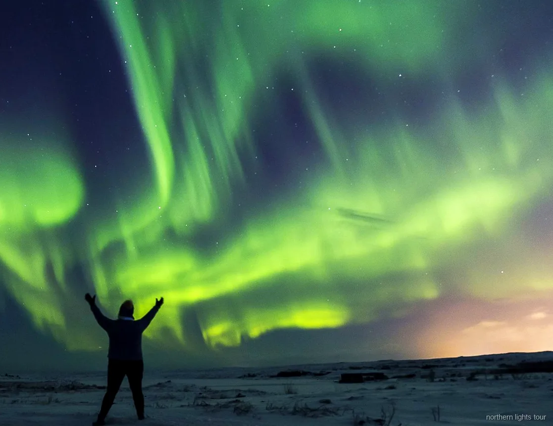 Autocar de la excursión de auroras boreales en Reikiavik aparcado en un punto de observación en el campo