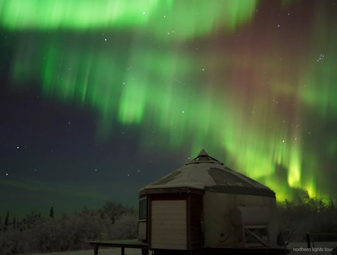 Grande baie vitrée orientée au nord à l'intérieur du lodge d'aurores boréales de Fairbanks