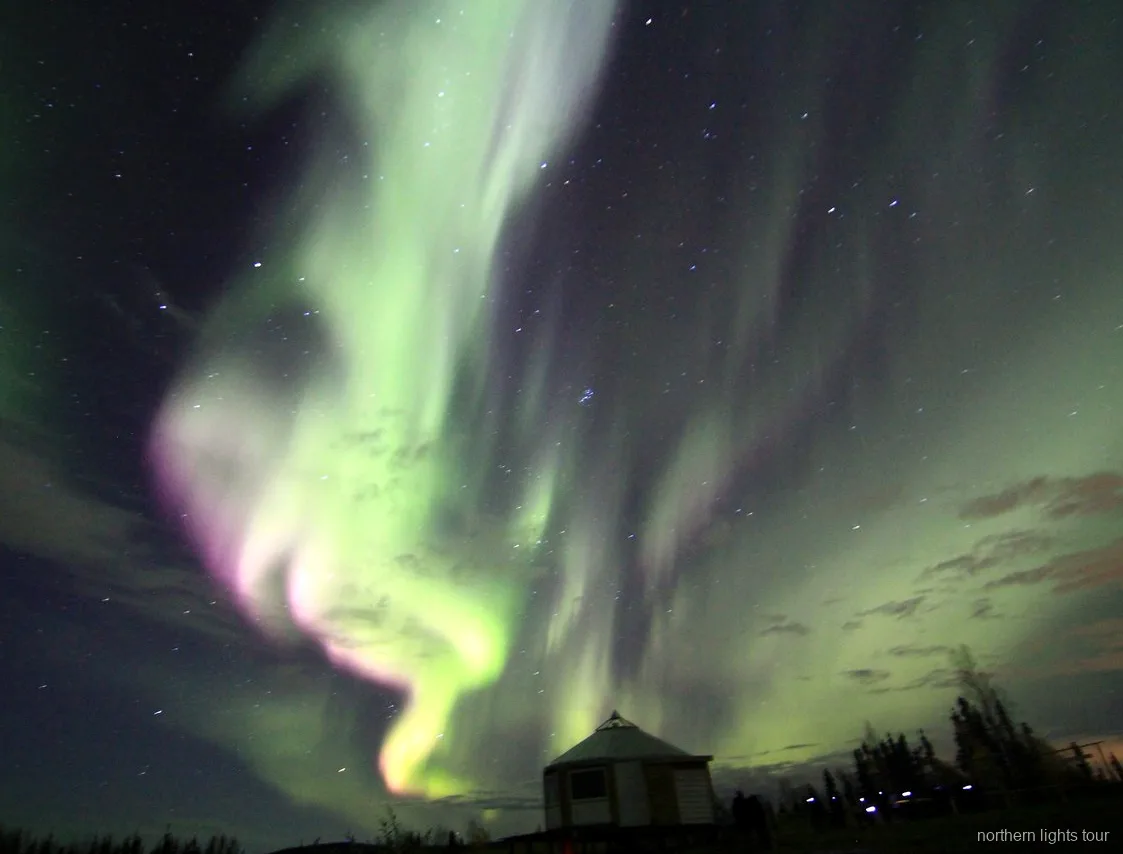 Aurora Borealis dancing above the Fairbanks lodge on a clear Alaska night