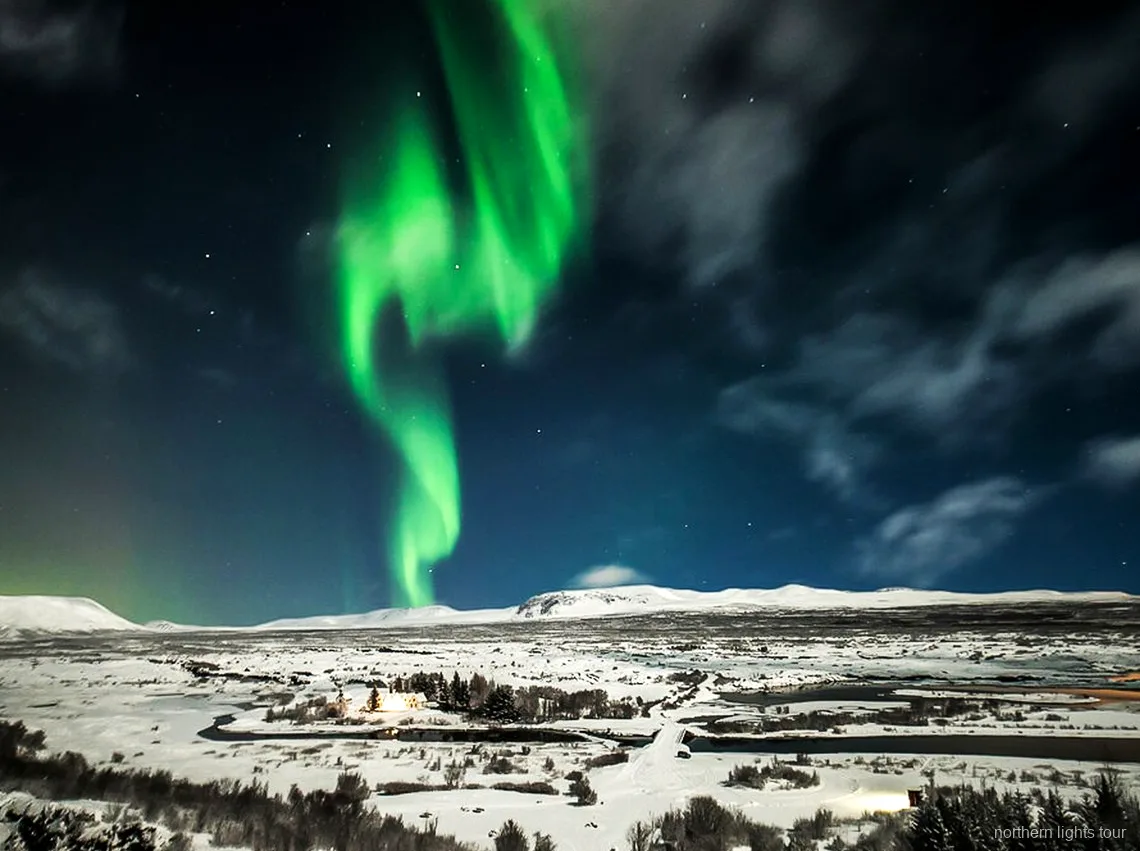Groep op de Reykjavik noorderlicht bustour fotografeert de nachtelijke hemel