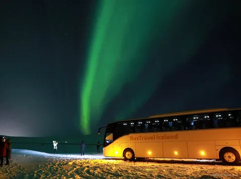Aurora Borealis over the Icelandic countryside on the Reykjavik Northern Lights bus tour