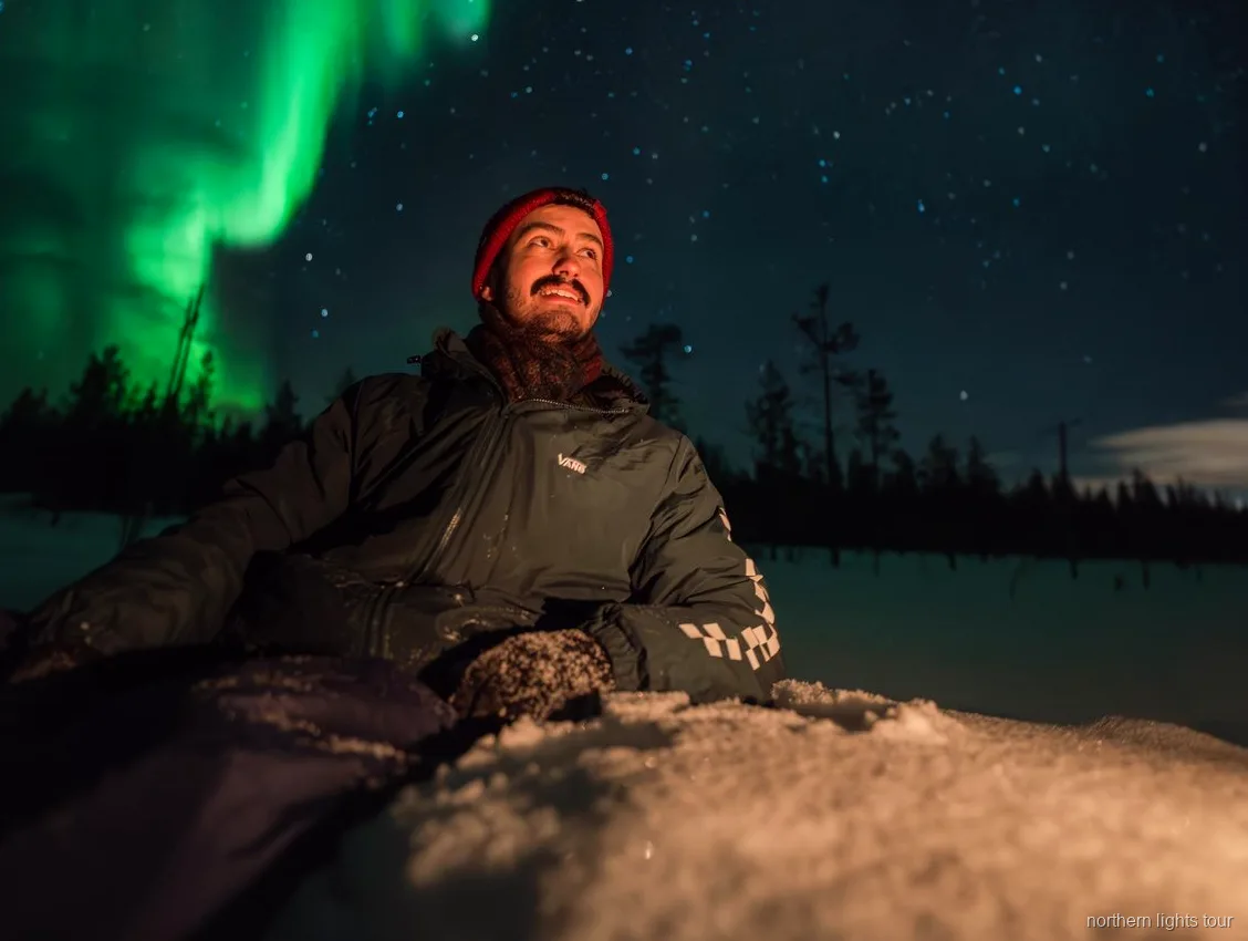 Finlandiya Laponyası'nda Rovaniemi yakınlarında kar üzerinde aurora borealis