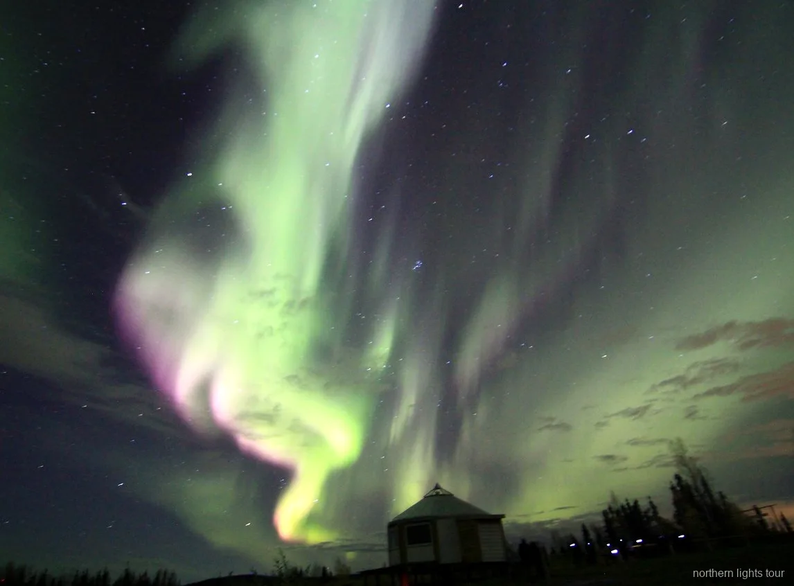Aurora boreal ballant sobre el lodge de Fairbanks en una nit clara d'Alaska
