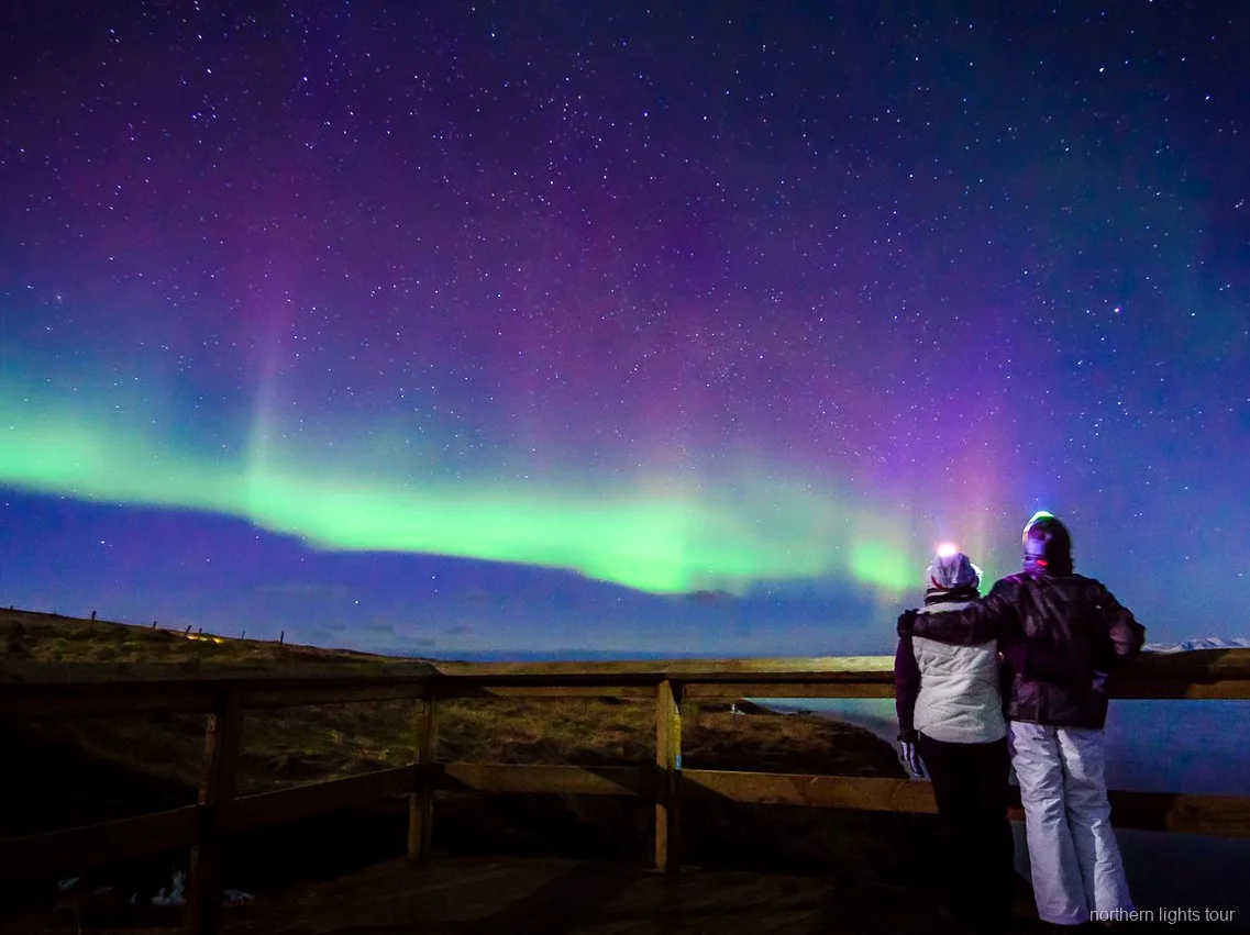 Minibus em grupo reduzido do tour premium de aurora boreal em Reykjavik sob um céu estrelado