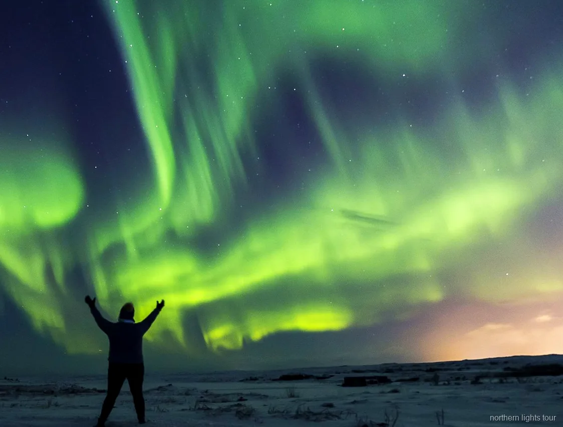 Autocar del tour d'aurora boreal de Reykjavík aparcat en un punt d'observació fosc al camp