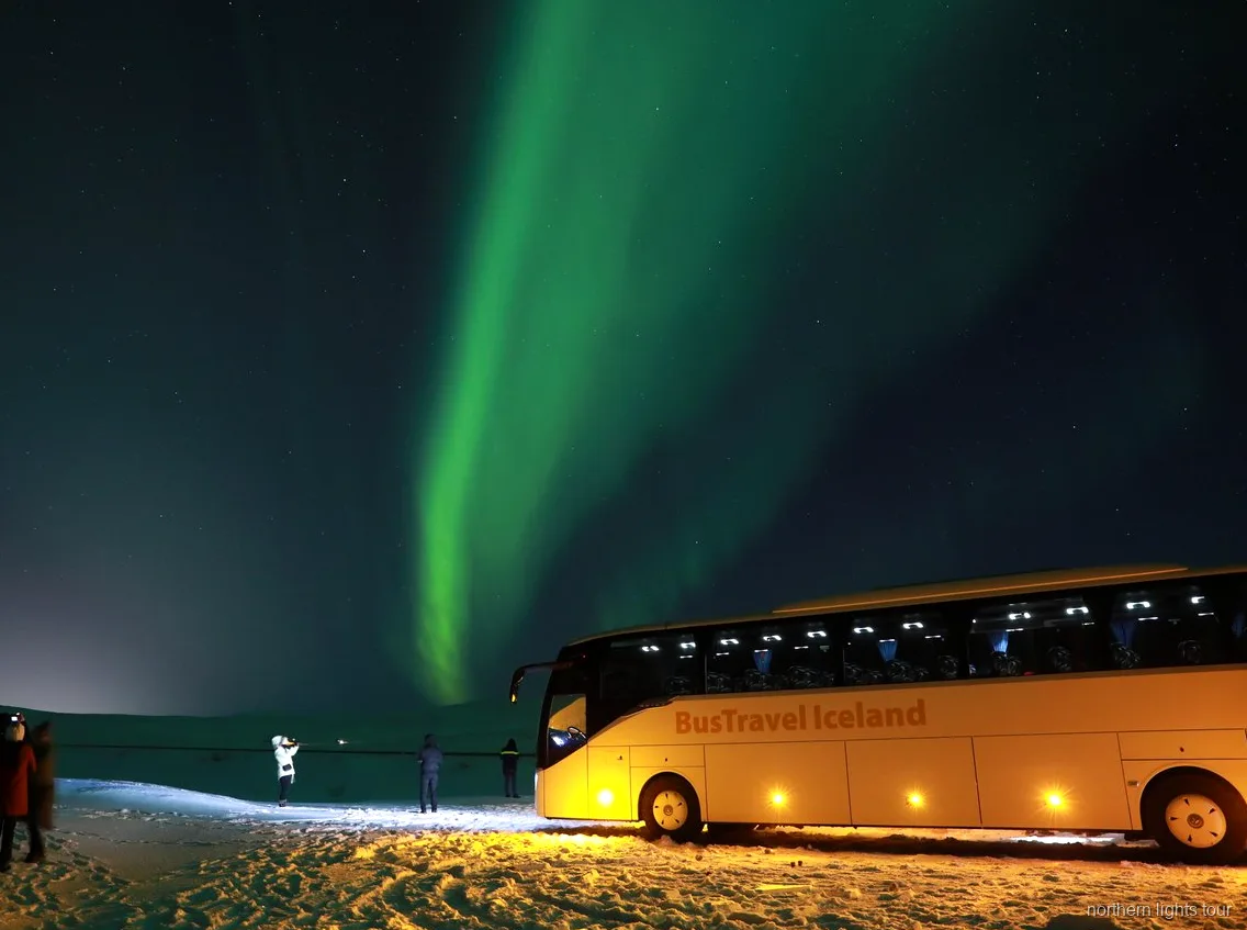 Aurora boreal sobre el camp islandès al tour en autobús d'aurora boreal de Reykjavík
