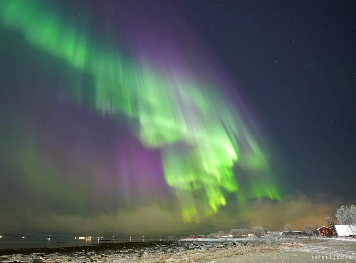 Campament amb foguera durant la cacera d'aurora boreal de Tromsø amb vestits tèrmics i begudes calentes