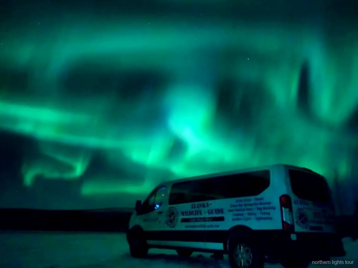Aurora boreal sobre el interior de Alaska en el trayecto de vuelta a Fairbanks