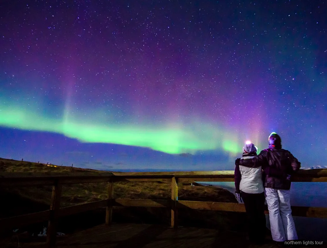 Minibús de grupo reducido del tour de auroras boreales en Reikiavik bajo un cielo estrellado