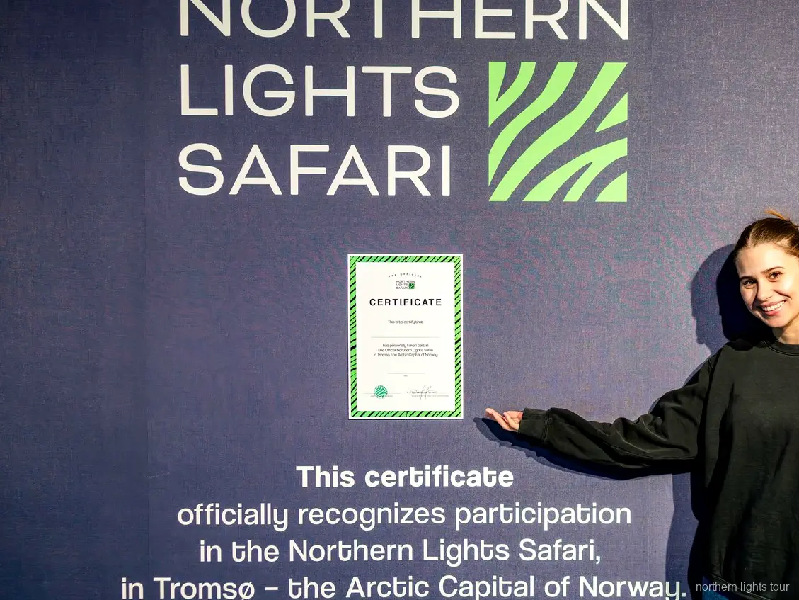 Bus der Nordlichter-Safari geparkt an einem dunklen Beobachtungsort nahe Tromsø