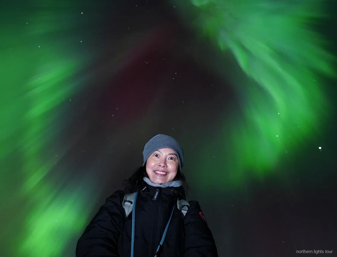 Aurora borealis over the mountains near Tromsø during the Northern Lights chase tour
